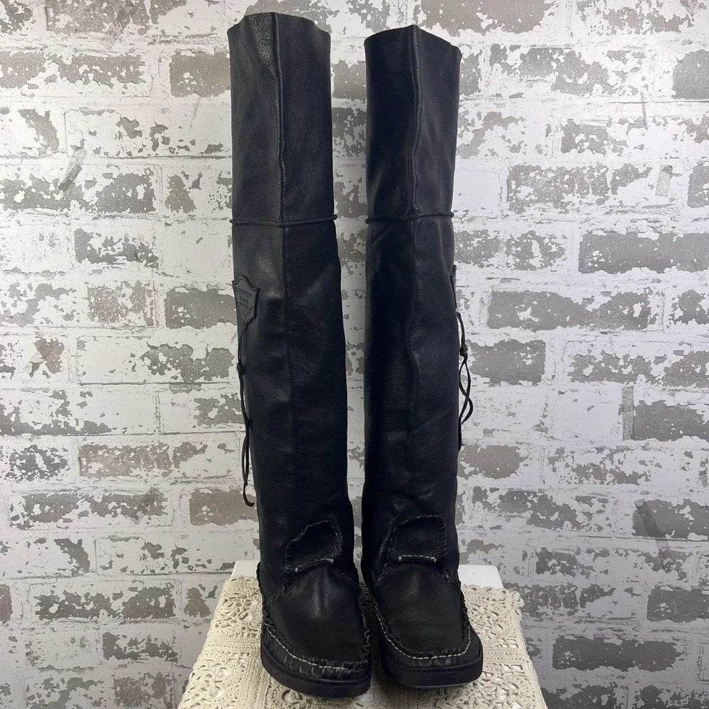 El Vaquero Black Majove Over The Knee Moccasin Boots Sz38 US 7.5-8 Leather Moto